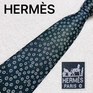 HERMES エルメス　ネクタイ　サークル　ドット　総柄　シルク100% フランス製　ネイビー×グレー