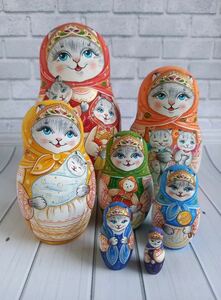 ★ロシア雑貨 マトリョーシカ ～ 虹色の猫・ねこ・ネコ ～ 7ピース 作家もの matryoshka nesting dolls