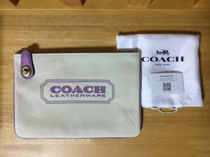 非売品★COACH / コーチ　キャンバスとレザートリミングのクラッチバッグ　生成り×ライラック　ターンロック★未使用・ノベルティ