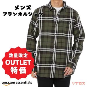 新品 Amazon Essentials フランネルシャツ メンズ Lサイズ 長袖 スリムフィット オリーブ チェック柄 男性 コットン ボタンダウン