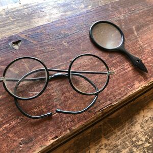 古い　黒眼鏡　丸眼鏡　昔の懐かしい眼鏡　親父眼鏡　昭和初期頃　ロイド眼鏡　/虫眼鏡　