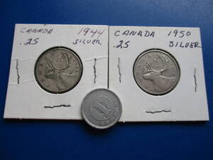 カナダ★Canada★25￠銀貨★２枚★1944、1950年★.800銀★「IND:」有り、無し★ASW= 9g+