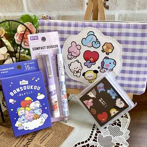 BT21◇フラットポーチ スティックはさみ シャープペンシル ケース入りメモ 絆創膏 まとめて◆LINE FRIENDS BTS 韓国 ステーショナリー