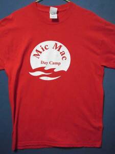 ④ USA古着 サイズＭ 前ロゴ Mic Mac 赤色半袖Tシャツ