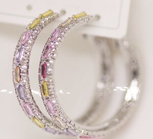 18K RGP プラチナ ダイヤ CZ 直径30mm 彩石 リング ピアス yp5067