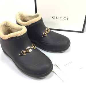 正規品 美品 GUCCI グッチ 足元の温もりと高級感を共有 ゴールドビット インターロッキング ムートンブーツ スノーブーツ メンズ 黒