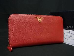 1円 ■美品■ PRADA プラダ 1ML506 サフィアーノレザー ラウンドファスナー 長財布 ウォレット 札入れ 小銭入れ レッド系 FK2148