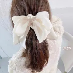 バレッタ オフホワイト 韓国 ヘアアレンジ 大ぶり モノクロ リボン パール