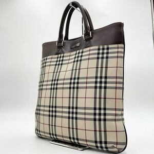 1円 BURBERRY 【ノバチェック 美品】トートバッグ ハンドバッグ 茶 キャンバス レザー バーバリー 縦型 ビジネス 仕事 メンズ レディース