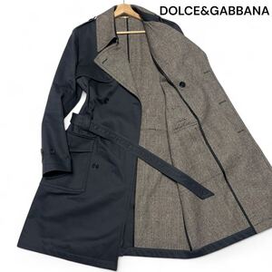 美麗品◎Lサイズ位!!ドルチェ&ガッバーナ【圧巻の美シルエット】DOLCE&GABBANA チェック トレンチコート ベルト ウール ブラック◎メンズ