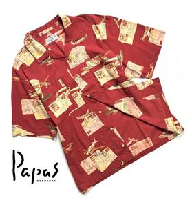 最高級【定価2.7万】Papas パパス 総柄 半袖シャツ L (50) メンズ アロハ コットン【飛行機 手紙プリント】送料370円 着心地抜群 日本製