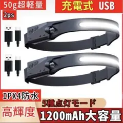 ヘッドライト 充電式 USB 5種点灯 軽量 高輝度 IPX4防水2個セット