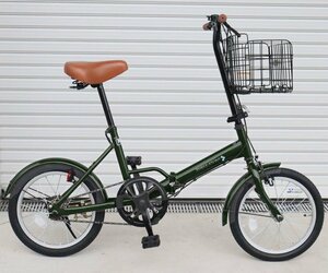 折り畳み式バスケット付属　小径16インチ 折りたたみ自転車EB-16 モスグリーン【本州・四国 送料無料！】 ライト 鍵付き カゴ付き