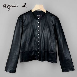 agnes b.アニエスベー スペシャル フランス製 レザープレッションカーディガン ノーカラージャケット 黒 40