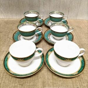 K608-T141064-11 NORITAKE ノリタケ HANA RINSU/WEDGWOOD ウェッジウッド LAMBOURN ティーカップ&ソーサー グリーン 6客セット ⑥