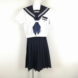 1円 セーラー服 スカート スカーフ 上下3点セット 165A 大きいサイズ 夏物 白3本線 女子 学生服 高知日高中学 白 制服 中古 ランクC NA9058