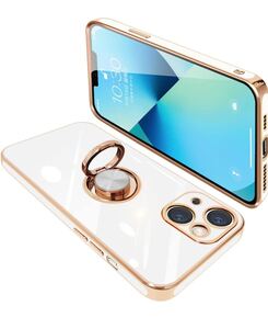 ONETIAOLONG iPhone13 Mini ケース リング付き アイフォン13Mini リング カバー 耐衝撃 TPU メッキ加工 360°回転 （ホワイト）