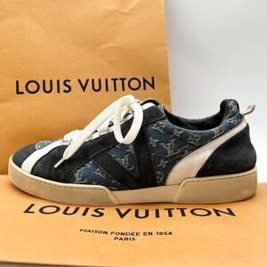 1円 【美品】 LOUIS VUITTON ルイヴィトン 【王者の風格】 モノグラム メンズ スニーカー 靴 デニム レザー LV ロゴ インディゴ 8 27cm位