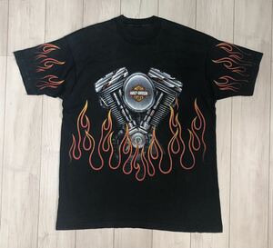 Harley Davidson Flame V-Twin Engine ヴィンテージ Tシャツ XL ハーレーダビッドソン フレイム ファイヤーパターン 炎 黒 ブラック 90s