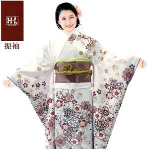 【H.L 洗える振袖着物 208】単品（ダスティカラー 白 花柄）成人式 結婚式 披露宴 入学式 卒業式【E】