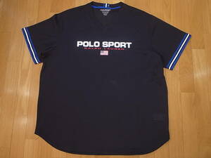 【送料無料 即決】POLO SPORT RALPH LAUREN 復刻 ポロスポーツ LOGOロゴ USAアメリカ 星条旗 Vネック メッシュ半袖ゲームシャツ 黒 XXL新品