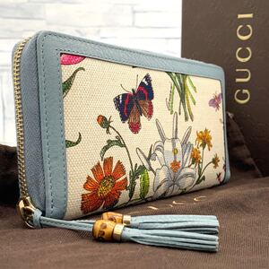 未使用級●GUCCI グッチ フローラ ラウンドファスナー ジップ 長財布 バンブー タッセル レディース ブルームス 花柄 メンズ ビジネス 1円