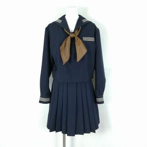 1円 セーラー服 スカート 上下3点セット 大きいサイズ 冬物 ベージュ3本線 女子 学生服 東京戸板女子高校 紺 制服 中古 ランクC NA9454