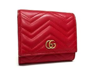 1円 ■美品■ GUCCI グッチ 598629 GGマーモント レザー 二つ折り 財布 ウォレット 札入れ 小銭入れ レディース レッド系 FJ2839