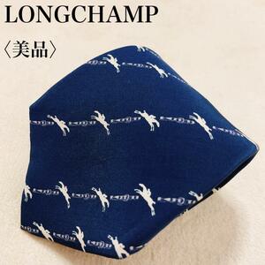 【美品】LONGCHAMP ロンシャン ネクタイ 馬 ジョッキー 総柄 メンズ オフィス 高級感 ブランド ワンポイントロゴ シルク100% PARIS O28