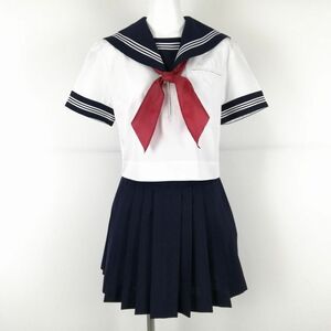 1円 セーラー服 マイクロミニスカート スカーフ 上下3点セット 夏物 白3本線 女子 学生服 中学 高校 白 制服 中古 ランクC NA8661