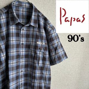 90s 日本製　PAPAS 半袖　チェックシャツ　Mサイズ　パパス　90