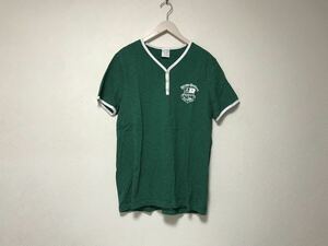 美品本物ブルックスブラザーズBrooksBrothersコットンボーダー柄ヘンリーネック半袖Tシャツメンズスーツモードゴルフドレス緑グリーンL