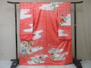 1円 良品 正絹 着物 振袖 縮緬 式典 和装 入学 卒業 ヱ霞 地紙 花柄 草花 高級 袷 身丈160cm 裄65cm【夢職】★★★