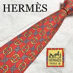 HERMES エルメス　ネクタイ　金具　ロープ　総柄　シルク100% フランス製　オレンジ