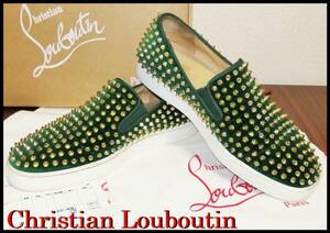 正規品 レア色 Christian Louboutin ローラーボート 緑 金 ゴールド クリスチャンルブタン メンズ 41 スタッズ ベロア グリーン スリッポン