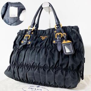 美品 PRADA プラダ ギャザー トートバッグ ハンドバッグ 2WAY ショルダーバッグ ナイロン レザー NERO 黒 ブラック ゴールド金具 