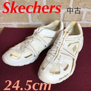 【売り切り!送料無料!】A-175 Skechers!スニーカー!白!金!ハート!24.5cm!普段使い!ウォーキング!スポーツ!宅トレ!トレーニング!中古!