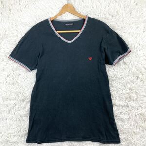 極美品/XL相当●EMPORIO ARMANI アルマーニ Tシャツ トップス カットソー 半袖 ワンポイント イーグルロゴ Vネック ブラック 黒色 メンズ