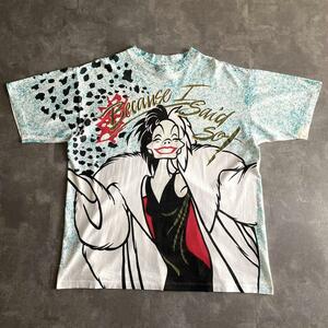 90s ビンテージ USA製 Disney Villains ディズニー ヴィランズ 101匹わんちゃん 101 Dalmatians クルエラ CRUELLA 総柄 Tシャツ