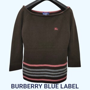 BURBERRY BLUE LABEL /バーバリー ウールニットセーター デコルテ 38サイズ ブラウン×ピンク ホース刺繍 あ◯とかわいい系♪ I-4796