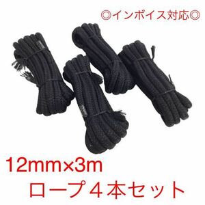 【12mm×3m ４個セット】●送料無料●係船ロープ ブラック 係留ロープ アンカーロープ フェンダー レジャーボート 船 オートエースマリン