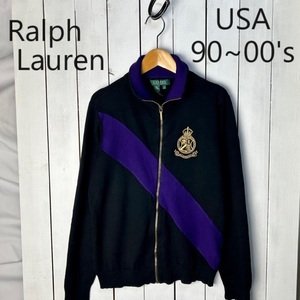 USA古着 90s～00s Ralph Lauren コットン ライン切替え ジップニットセーター S～M 黒 ラルフローレン オールド アメリカ古着 ロゴ●214