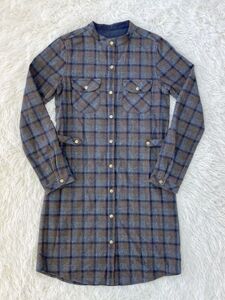 PENDLETON　ペンドルトン　USA製　チェック柄　ノーカラー　長袖　ウール　ワンピース　チュニック　ロング丈　レディース　XSサイズ