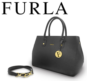 【未使用品 超美品】 フルラ FURLA 2WAY ハンドバッグ トートバッグ 鞄 ミニ レザー 本革 ブラック 黒 ゴールド レディース シンプル 硬め