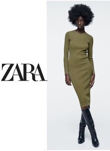 未使用【ZARA】リブニット ワンピース（М）カーキ タグ付き