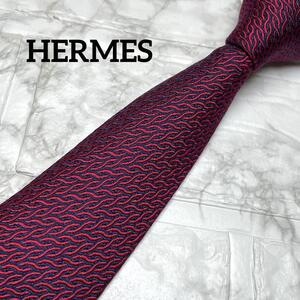 ★ エルメス　HERMES ネクタイ　レッド　赤　総柄　ネイビー　H柄