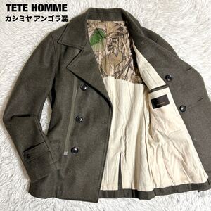 【美品 高級カシミヤ/アンゴラ混】TETE HOMME テットオム ウール ピーコート Pコート オリーブ 5 メンズ