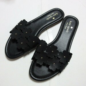 未使用 kate spade new york ケイトスペード Daisy Field レザー フラワーモチーフ フラットサンダル 7.5B 24.5cm相当 ブラック ◆