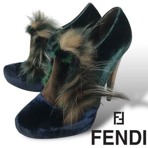 t71 未使用 FENDI フェンデイ ファー ブーティ ベルベット パンプス ショートブーツ ベロア 38 イタリア製 正規品 レディース シューズ