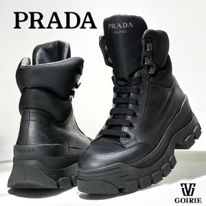 【レア品/良品】PRADA プラダ コンバットブーツ 厚底スニーカー ハイカット サイズ36.5 23.5㎝相当 黒 ブラック イタリア製 本革 レザー